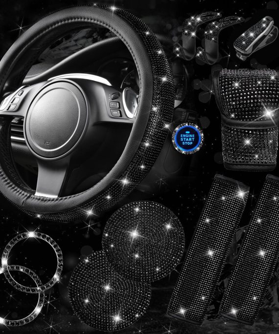 CAR PASS 11 PCS Bling Diamond Car Accessories for Women, Sparkly Rhinestone Steering Wheel Cover, Bling Seat Belt Cushion, Glitter Shift Knob Cover, Car Cup Holder Coaster, Cute Interior Sets Black