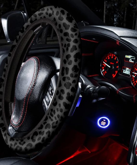 Frienda 13 Pcs Leopard Print Car Accessories Set, Includes Seat Covers Set Leopard Steering Wheel Cover Mats Armrest Pad Cover Seat Belt Pads Keychain and Wrist Strap for Car Decor (Black)