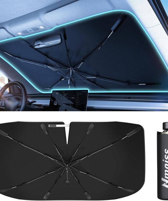 [Upgraded] Nmoiss Windshield Sun Shade Umbrella - [Vinyl Coating Heat Shield] Protect Car from Sun Rays & Heat Damage Keep Cool and Protect Interior, Spring Structure Edge Medium 56" L x 31" W