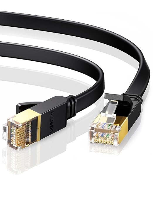 UGREEN Cat7 Ethernet Cable, 32AWG High Speed 10Gbps 600Mhz/s Shielded LAN Cord Flat Gigabit RJ45 Patch Cords Internet Wire Black for Gaming PS5 Xbox PC Router Modem Smart TV(1M)